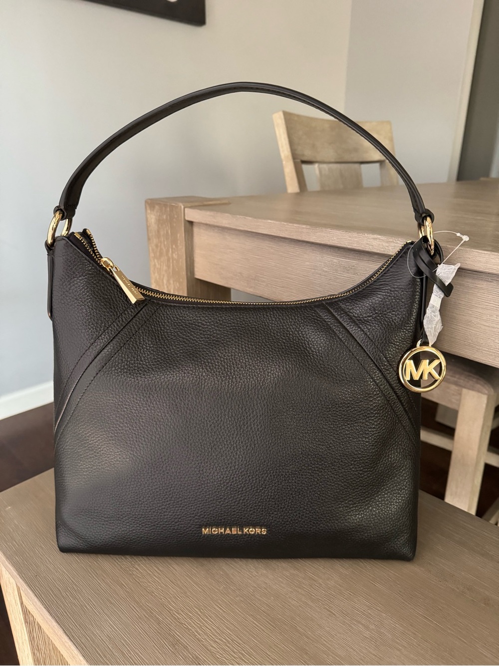 Michael Kors Black Pebbled Leather “Aria” Large Shoulder Bag